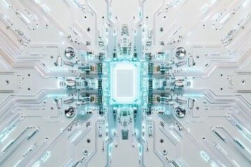 Abstract futuristic circuit board design with glowing lines and central processor, showcasing technological advancement.