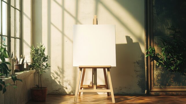 Bright Interior with Blank Canvas on Easel, Window Light, and Artistic Ambiance