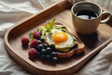 A wooden tray holds avocado toast, fresh berries, and a sunny-side-up egg, paired with steaming coffee