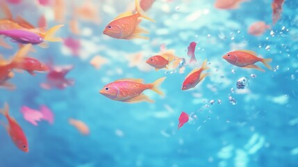 Serene Underwater World School of Colorful Fish Swimming in Blue Water with Bubbles