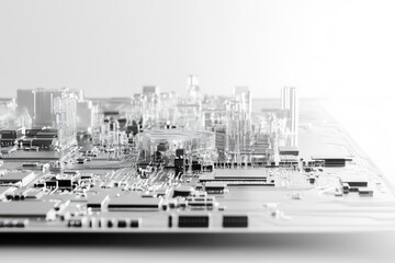 Abstract 3D rendering of a circuit board resembling a futuristic city.