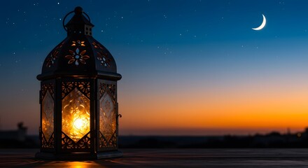 Glowing Ramadan Lantern with Crescent Moon and Starry Night Sky