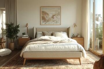 Cozy modern bedroom with natural light and stylish decor featuring a comfortable bed and greenery