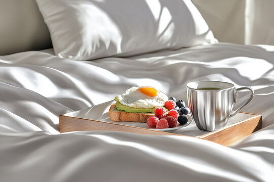 A cozy breakfast in bed with avocado toast, a sunny-side-up egg, and coffee in a stainless steel mug