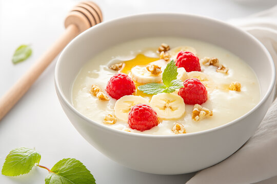 A white bowl filled with creamy Greek yogurt, fresh bananas, raspberries, and a drizzle of honey