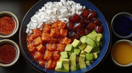 Indonesian es teler with avocado, coconut, and jackfruit topped with shaved ice, presented in a modern bowl with colorful syrups 