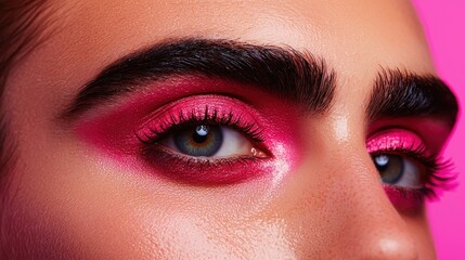 Ultra Bold Microbladed Eyebrows with Sharp Angular Shape in Vibrant Pink Makeup