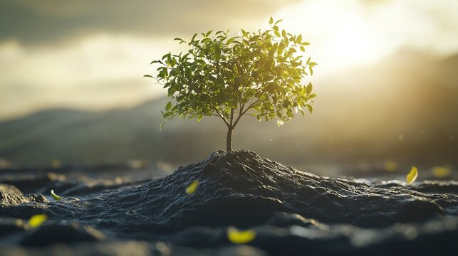 A small seed transforms into a mighty tree, weathering storms and seasons, symbolizing resilience and the cycle of growth.