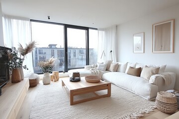Fototapeta premium Modern living room with large windows and cozy decor showcases a minimalist design in natural tones