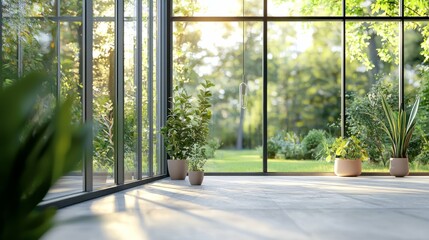 Bright and Spacious Indoor Space with Green Plants and Natural Light