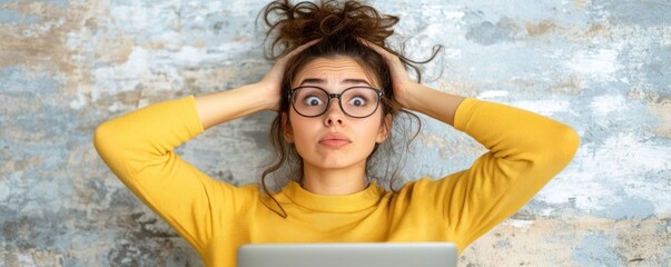 Stressed Young woman using a laptop, facing remote work challenges while working remotely on business tasks Deadline pressure and technology issues overwhelm a freelancer, highlighting the realities