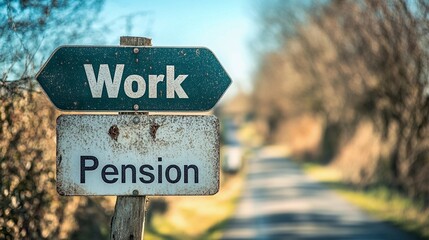 Signpost indicating directions for work and pension along a tranquil country road