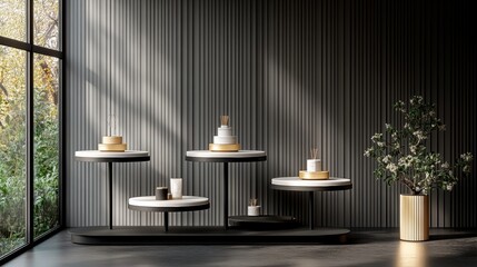 Modern Minimalist Display Showcase with Elegant Cake Stands and Decorative Elements in Interior Space