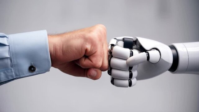 Human and robotic hand fist bump representing collaboration.