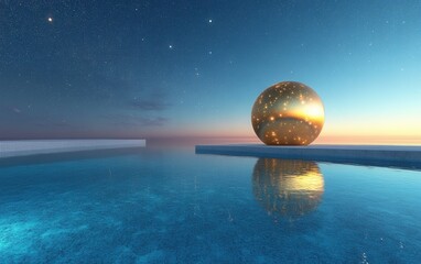 Serene Infinity Pool at Twilight with Golden Sphere Reflecting Stars and Sunset Sky
