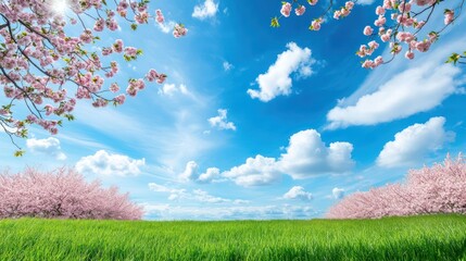 Spring blossoms, sunny field, blue sky, clouds; nature scene