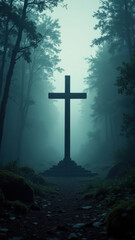 Naklejka premium An artistic depiction of a Christian cross standing prominently on a foggy forest floor at night, symbolizing faith in darkness.