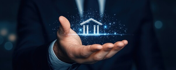 Visualize the future of finance with this captivating image See a Businessman touching a virtual screen, engaging with cutting-edge online banking platforms Explore digital payment solutions and