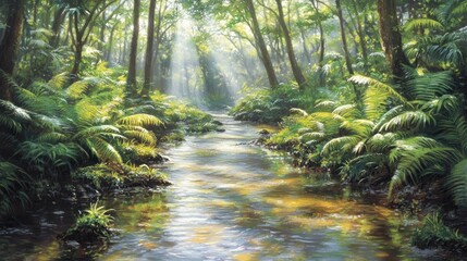 Fototapeta premium Sunlit stream flows through lush fern forest, tranquil scene for nature calendar