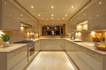 Modern kitchen design featuring sleek cabinetry and warm lighting in a contemporary home