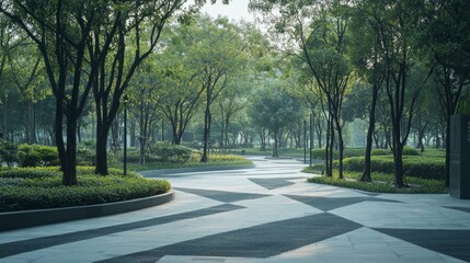 Obraz premium Serene Park Landscape with Curved Pathways and Lush Green Trees