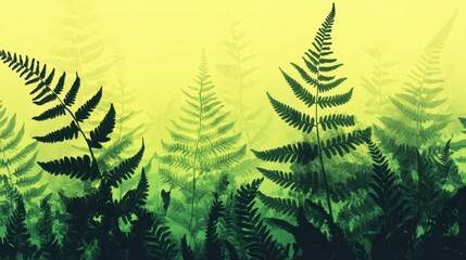 Dreamy Fern Forest Illustration Abstract Green and Yellow Botanical Background.