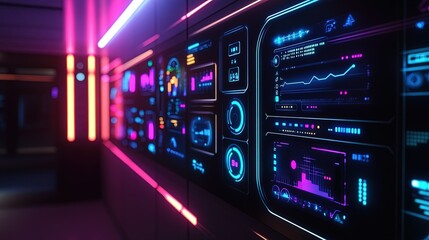 A smart home interface wall with neon-lit touch panels, allowing the user to control lights, temperature, and security with a swipe of their hand.