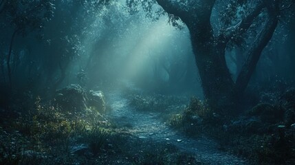 Ethereal Moonlight Path Through a Misty, Enchanted Forest Landscape.