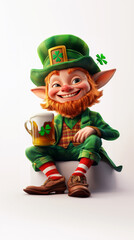 Fototapeta premium Happy Leprechaun in green suit and hat sits happily, holding a frothy mug of beer adorned with a shamrock. St. Patrick’s Day festivity concept. Vertical, side view.