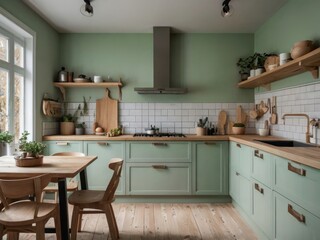 Sage Green Kitchen With Wooden Accents And Farmhouse Style