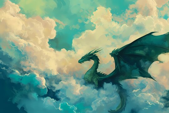 Flying dragon silhouette in turquoise sky with dramatic clouds at sunset. Fantasy gaming art for Halloween, Comic Con, Board Game Day, RPG campaigns, Dragon Day