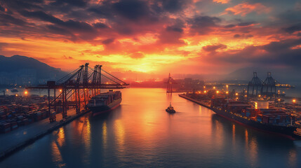 Obraz premium Container truck in ship port for business Logistics and transportation of Container Cargo ship and Cargo plane with working crane bridge in shipyard at sunrise, logistic import export and transport