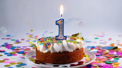 Birthday or anniversary cake, candle number 1, falling confetti on white background