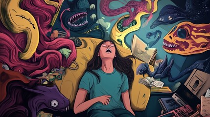 A surreal, artistic depiction of a person struggling with depression and anxiety, hands on their head, surrounded by chaotic and dark elements representing inner turmoil and overthinking.