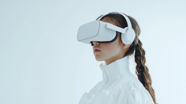 Beautiful Teenage Girl with Virtual Reality Headset, Dressed in White Against White Background