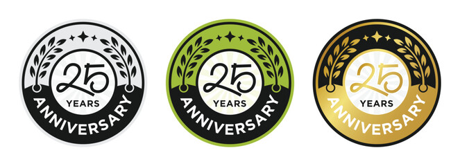 Set of 25 anniversary logo design vector illustration with laurel wreath circle emblem badge isolated in gold, green, gray and black colors