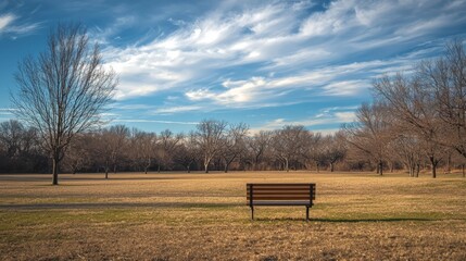 Serene Empty Park Bench Under Clear Blue Sky in Late Afternoon Light