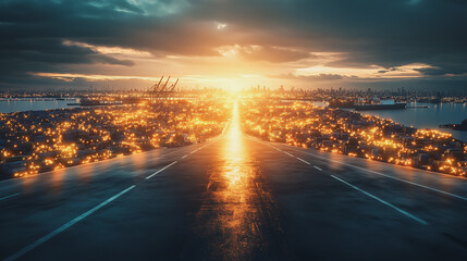 Container truck in ship port for business Logistics and transportation of Container Cargo ship and Cargo plane with working crane bridge in shipyard at sunrise, logistic import export and transport