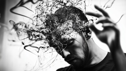 A surreal, artistic depiction of a person struggling with depression and anxiety, hands on their head, surrounded by chaotic and dark elements representing inner turmoil and overthinking.