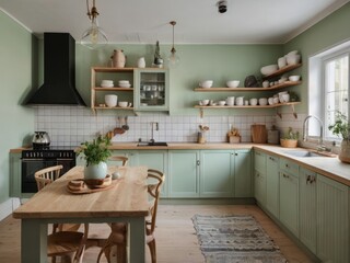 Fototapeta premium Sage Green Kitchen With Wooden Table And Shelving