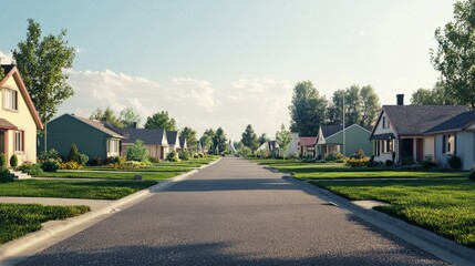 Fototapeta premium Serene Suburban Neighborhood with Lush Green Lawns and Homes