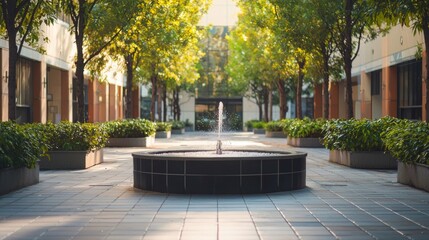 Obraz premium Serene Urban Fountain Surrounded by Lush Green Trees and Plants