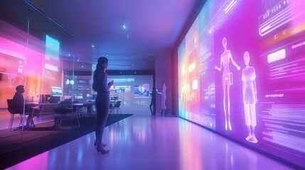 Futuristic office with holographic displays showing data and human figures; woman in business attire observes.
