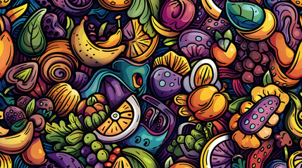 Naklejka premium Vibrant assortment of fruits and sweets in a colorful pattern with intricate details and textures