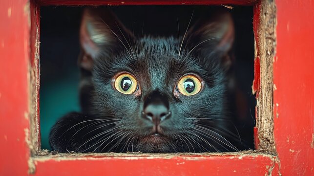 Black Cat's Unexpected Home, A mischievous black cat wanders into a dog's house, claiming the space as its own, leading to humorous encounters and new friendships.