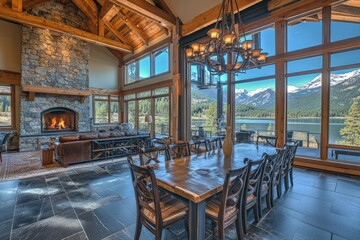 Fototapeta premium Cozy mountain lodge interior with stunning lake and mountain views during daylight hours