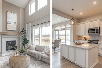 Modern living room and kitchen showcase natural light with stylish decor and cozy ambiance