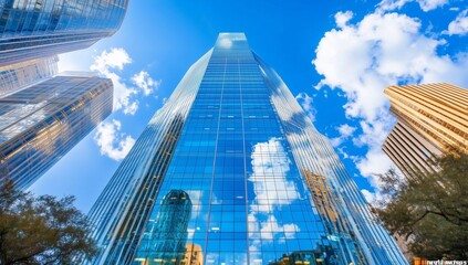 Skyscraper reflecting clouds and cityscape in downtown area during bright daylight
