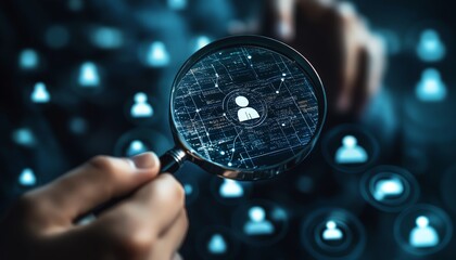 Business professionals using a magnifying glass to search for talent