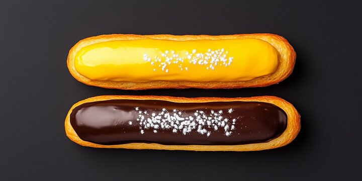 Freshly baked eclairs with vibrant yellow and rich chocolate glaze on dark background